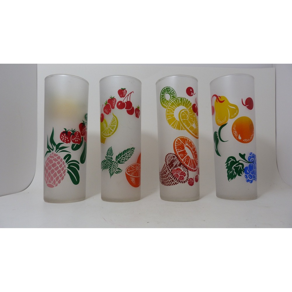 Vintage Federal glass Frosted Fruit Highball Glasses Set of 4 MCM Retro Tumblers